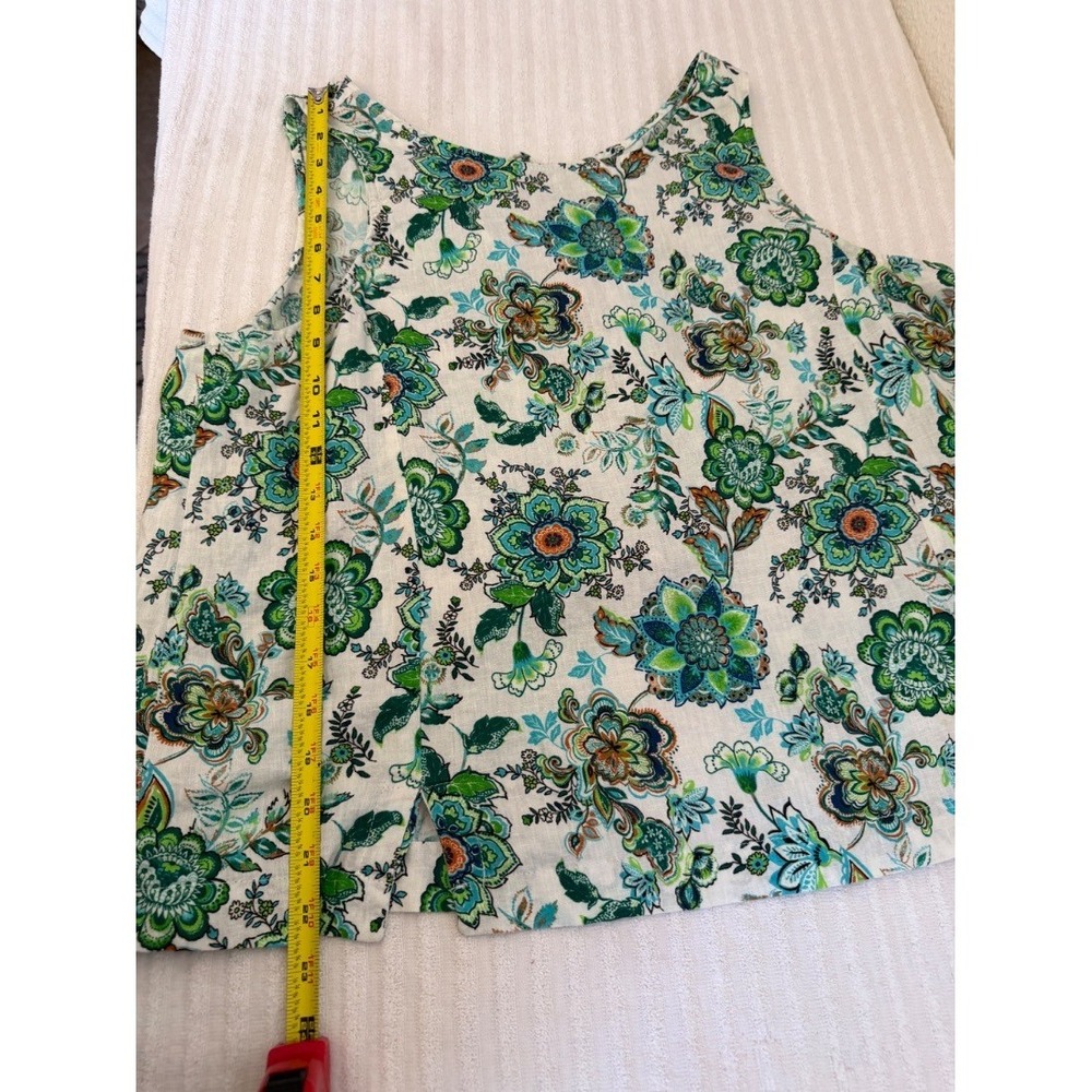 Womens Floral Linen Rayon Sleeveless Blouse Top Green Blue White Tie Back size X - Picture 10 of 13
